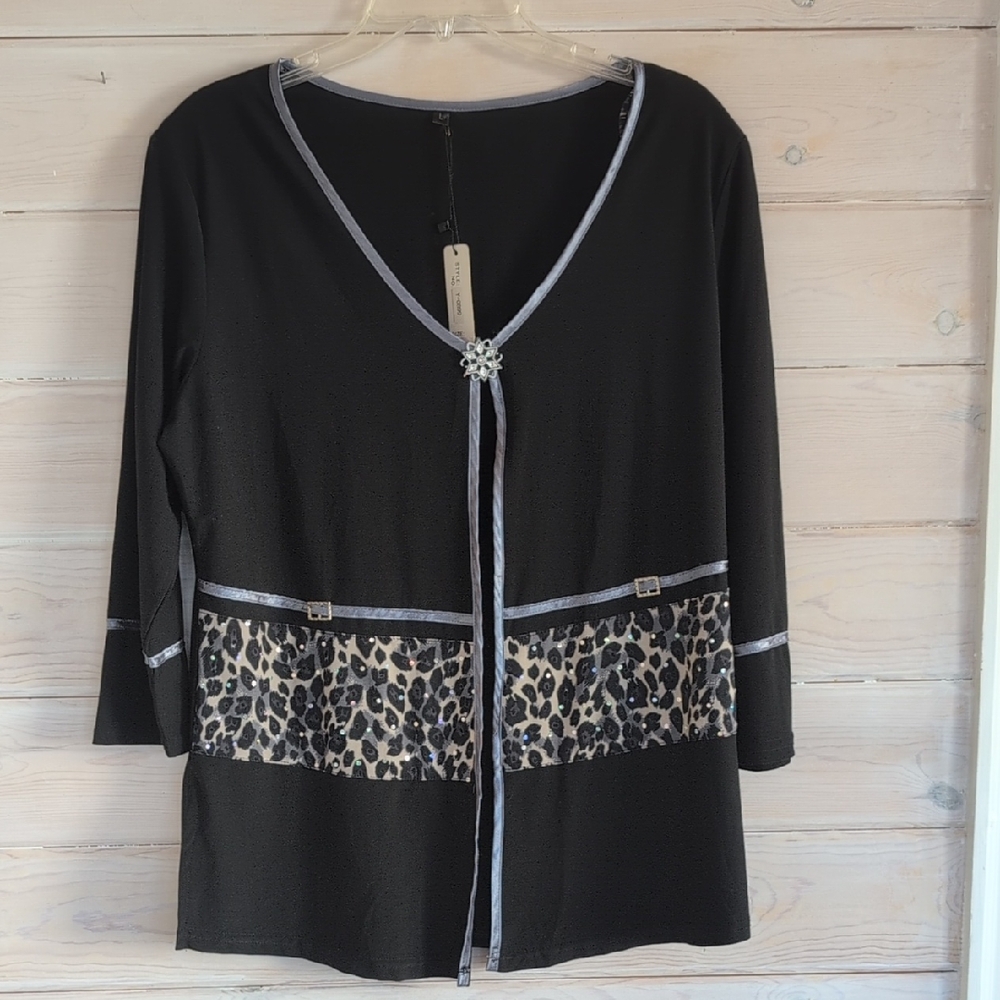 NWT Modelia Open Front Jacket Top 3/4 Sleeves, Black, Leopard Print Whimsigoth